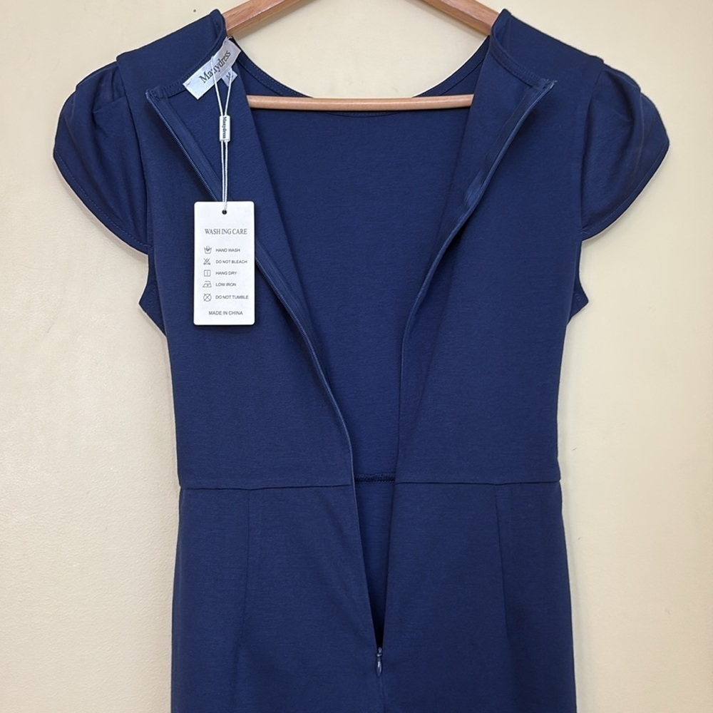 Manydress | NWT Navy Blue Cap Sleeve Belted Unlined Midi Dress Medium - Picture 14 of 14